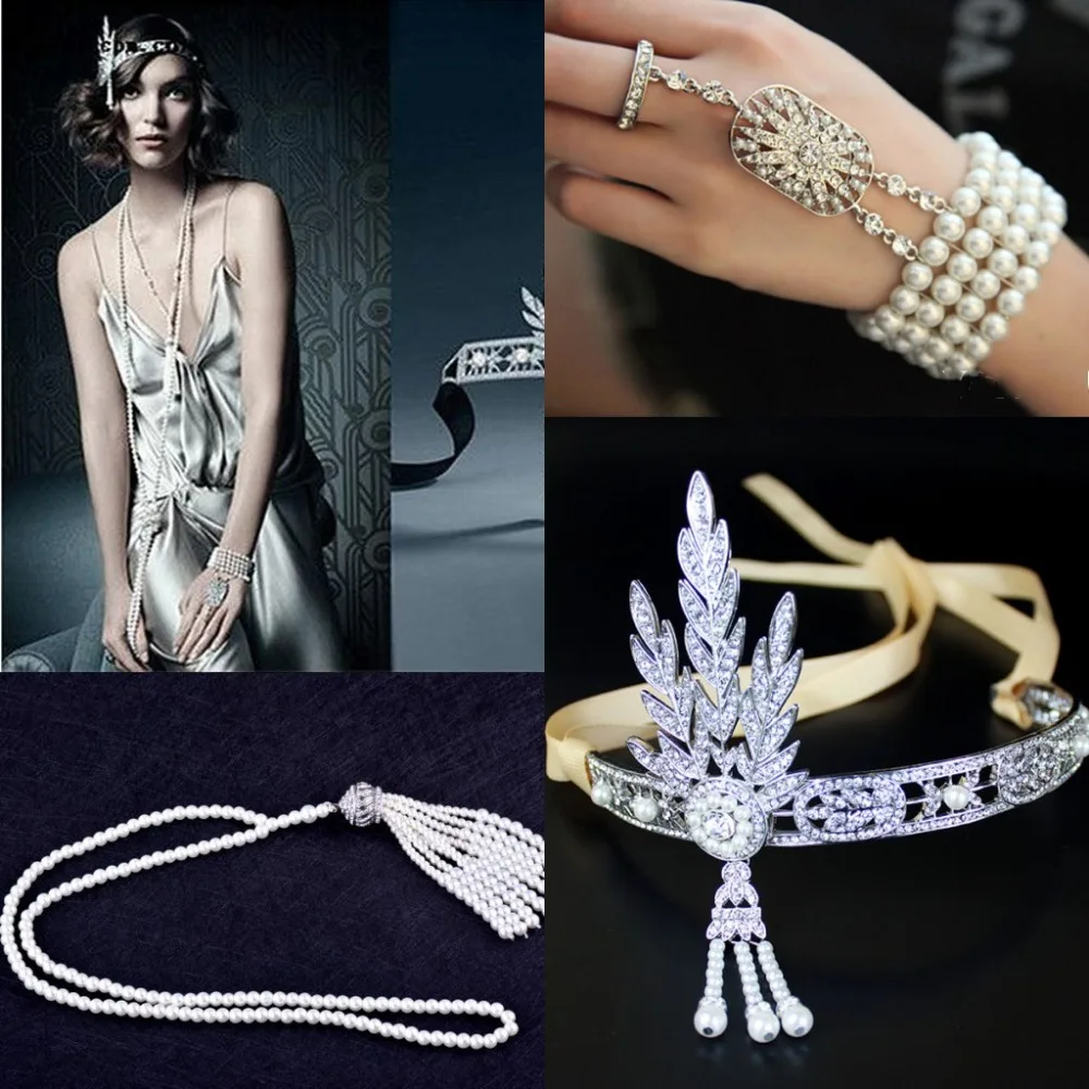 The Great Gatsby Set DAISY Crystals Pearl Tassels Hair Hoop Headband
