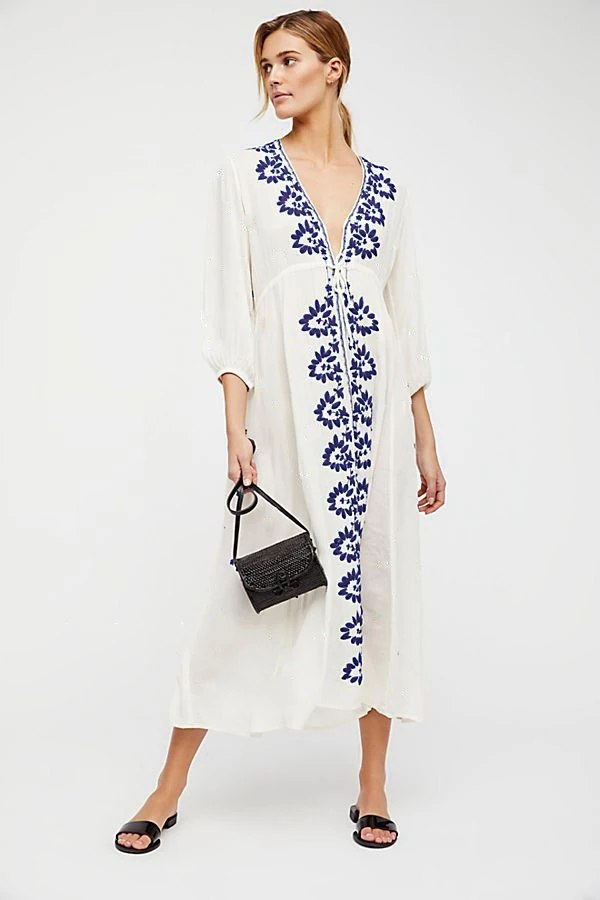 Long Beach Dresses V Neck Cotton Crochet Bikini Cover Up