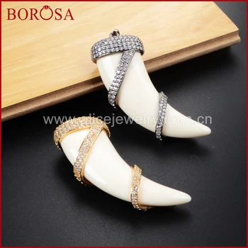 

BOROSA High Quality Gold/Black Color Natural White OX Bone Carved Horn Pendant Bead Paved White Zircons Fashion Jewelry WX246
