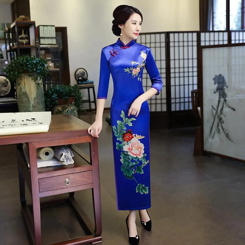 Мода г. длинное Ципао китайское стиль воротник стойка платье женские весенние велюровое платье Тонкий платья для вечеринок Vestido S 3XL - Цвет: QZ05