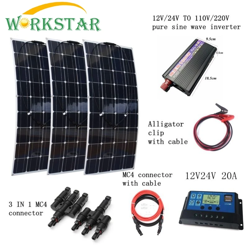 

WORKSTAR 3*100W Flexible Solar Panel Charger+1000W Inverter+10A Controller with Cables Houseuse 300W Solar System Kit