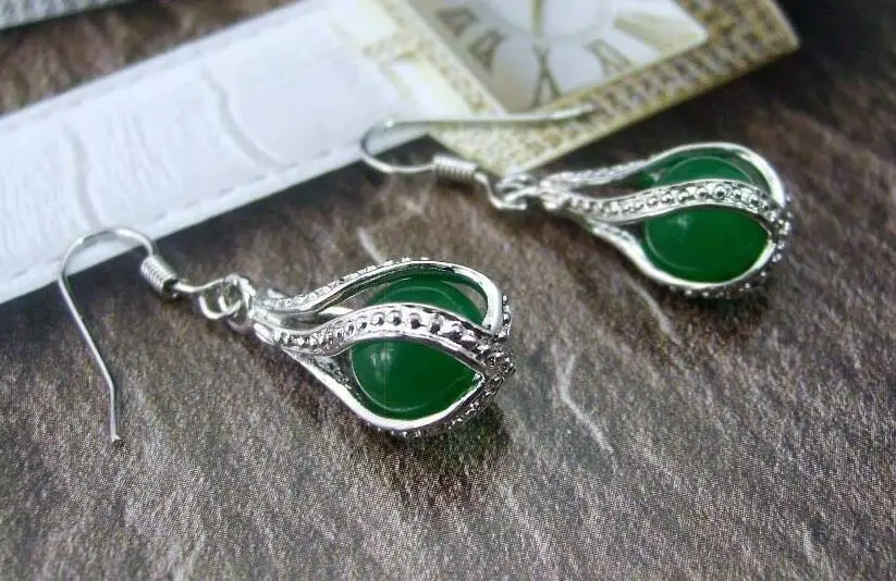 

>8x20MM Silvery Copper Green Jade Beads Dangle Earrings