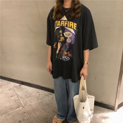 심플한 만화 캐릭터 프린트 캐주얼 빈티지 베이직 올 매치 코튼 2019, 뉴 여름 패션 반팔 오넥 티셔츠