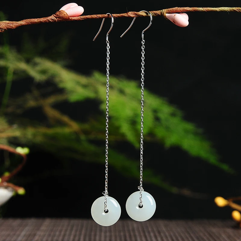 

2019 new genuine Hetian jade inlaid natural white jade and peace buckle earrings women with certificate