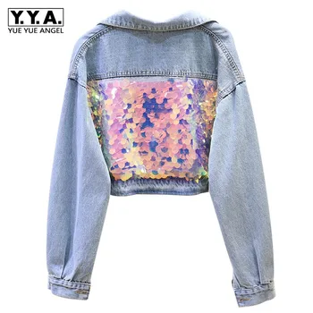 

New Women Short Boyfriend Loose Fit Hip Hop Denim Jacket Shiny Sequined Hole Ripped Casual Batwing Sleeve Coat Streetwear
