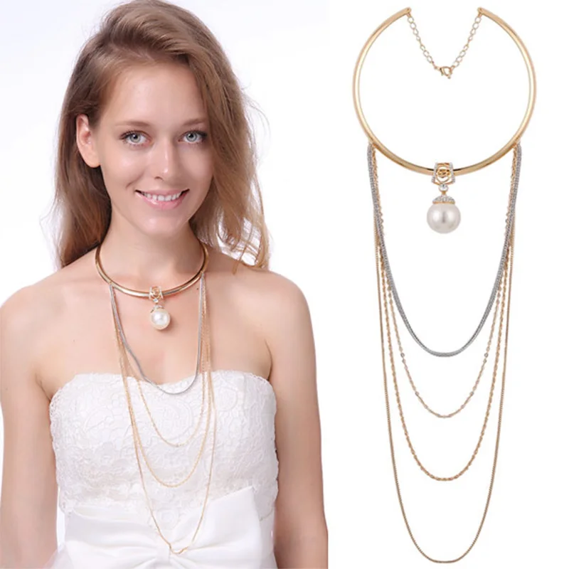 Statement necklace Fashion Necklace Women 2017 Vintage metal multilayer tassel pearl Choker