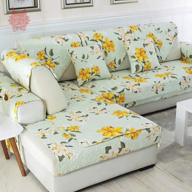 Pastoral green yellow floral print quilted sectional sofa cover