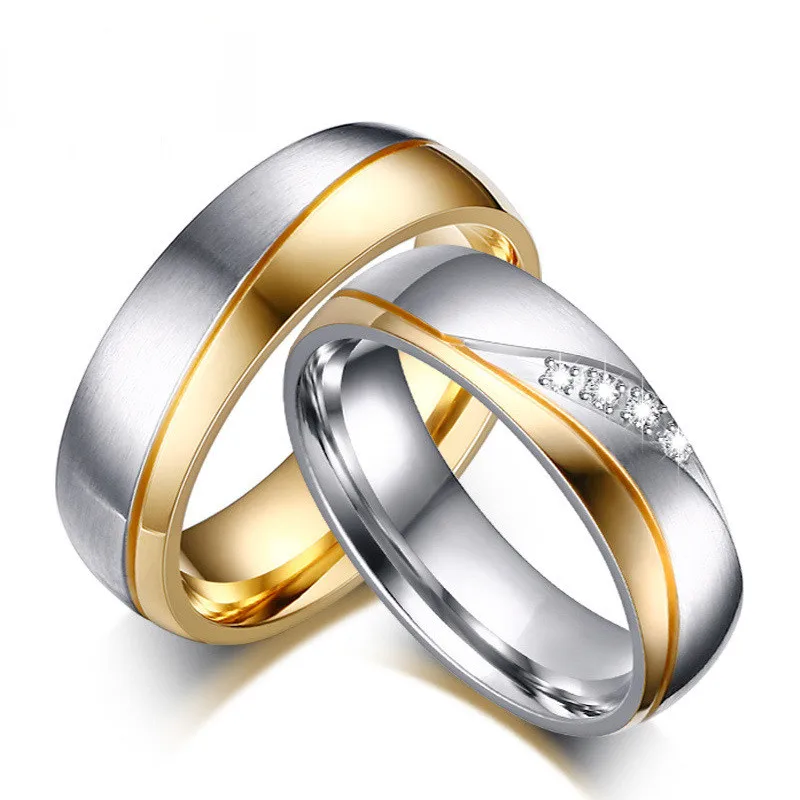Romantic Wedding Rings For Lover Gold-Color Stainless Steel Couple Rings Crystals Anti-allergy Rings Engagement Party Jewelry