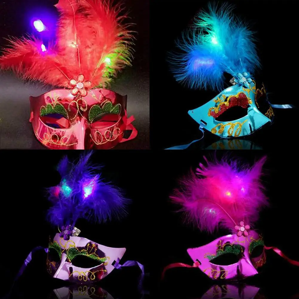Christmas Half Face Style LED Luminous Mask Party Ball Feather Mask (With Button Battery&OPP Packing)