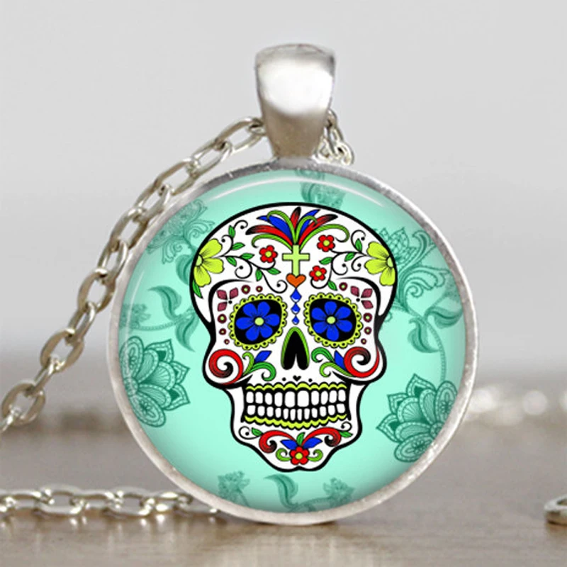 

Handmade Mexican Sugar Skull Pendant, Day of The Dead Necklace,Antique bronze/Silver Chain, sugar skull jewelry
