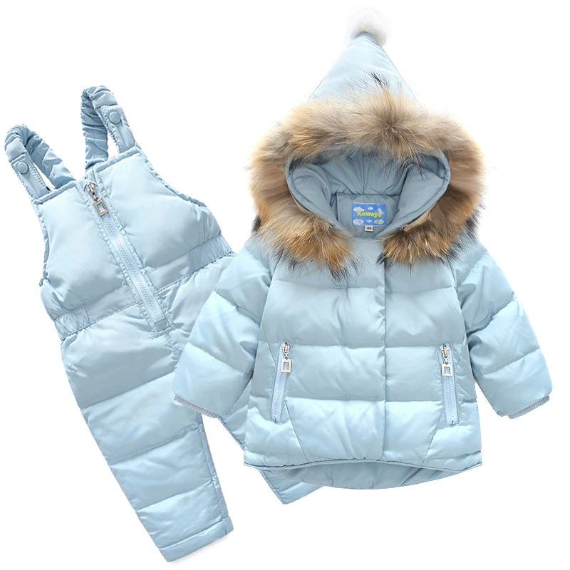 

Russia Winter Children Clothing Sets Jumpsuit Snow Jackets+bib Pant 2pcs Set Baby Boy Girls Duck Down Coats Jacket With Fur Hood