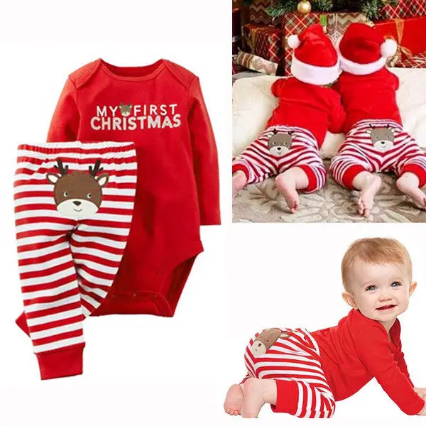 Christmas Newborn Baby Girls Boys clothes 2pcs set Tops Romper Pants Outfits long sleeve baby clothing sets 0-18M