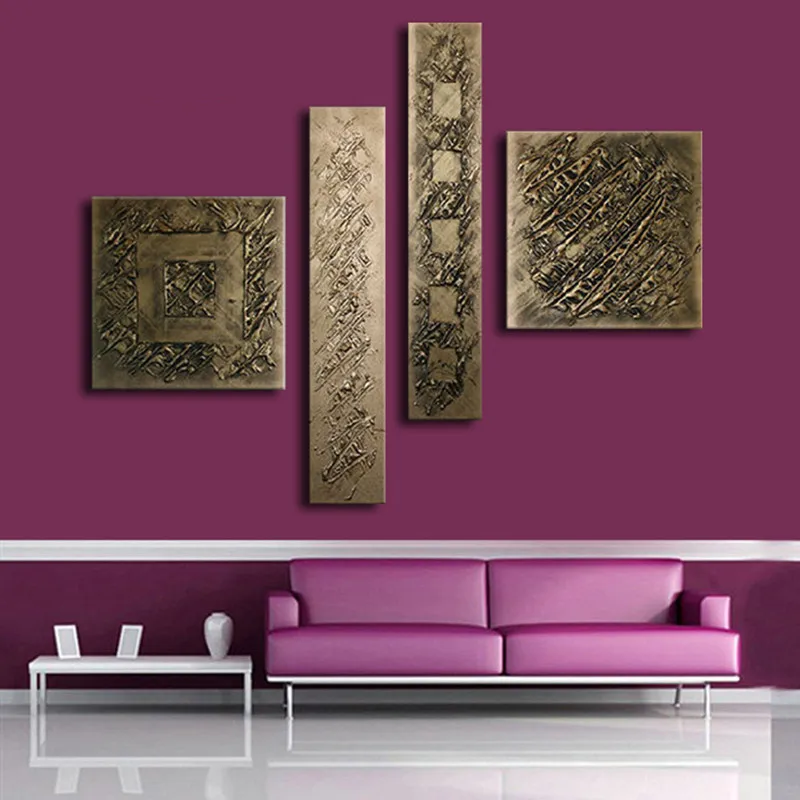 

Hand-painted Bronze Oil Painting 4 Panel Pictures Wall Art Sets Modern Home Abstract Graffiti Canvas Paintings for Living Room