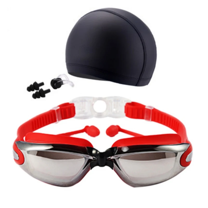 Высокое разрешение водонепроницаемые противотуманные плавательные очки для мужчин и женщин большая коробка очки плавательные колпачки+ Заглушки для ушей, зажим для носа костюм три комплекта - Цвет: R