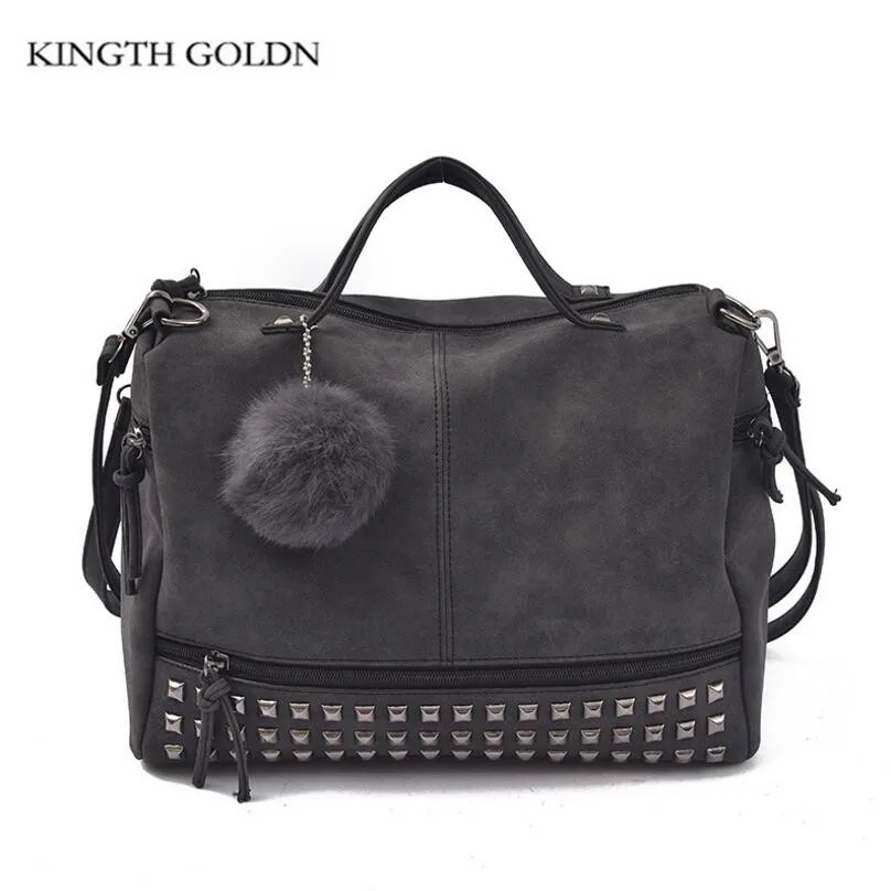 

KINGTH GOLDON Fashion Female Nubuck Leather Rivet Shoulder Bag Women handbag Vintage Tote Women Messenger Bag Crossbody Bags