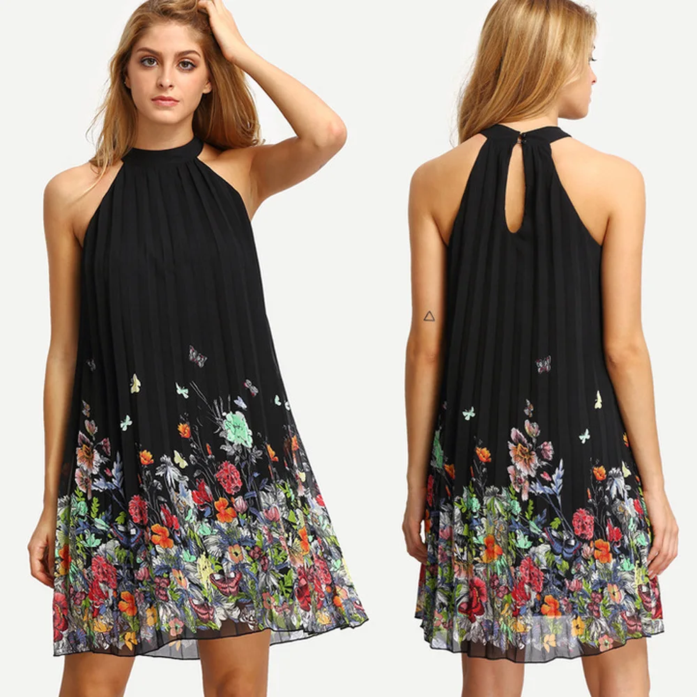 

Chiffon Dresses Sleeveless Black Dress Butterflies Floral Summer Dress 2019 Fashion Clothes Woman Pleated