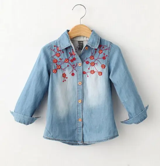 Fashion Jean blouse denim shirt for Girls Princess Floral Embroidery