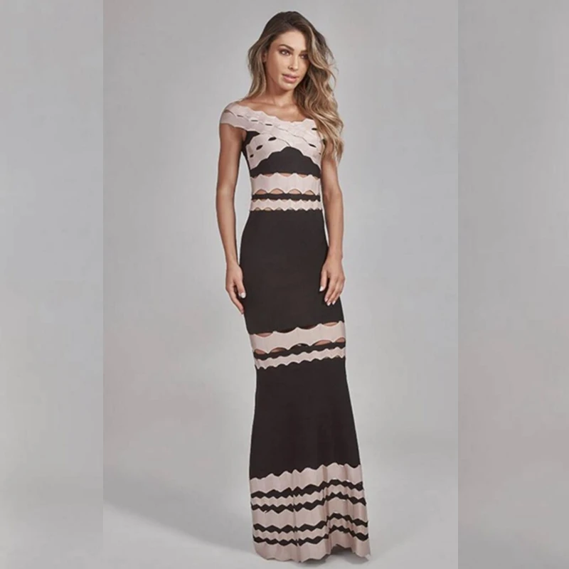 Новое поступление жаккардового переплетения Bodycon макси Бандажное платье Элегантное выдалбливают лоскутное пикантные летние знаменитости вечерние Vestidos