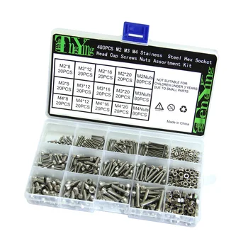 

480pcs 304 Hex Socket Head Cap Screws Nuts Metric M2 M3 M4 Hex Head Cap Screws Nuts Assortment Kit Bolts and Nuts with Box