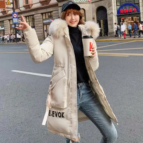 Парки Mujer, зимняя утепленная пуховая куртка с хлопковой подкладкой для женщин, большие размеры 3xl, тонкое длинное пальто, женская меховая парка с капюшоном для женщин - Цвет: Бежевый