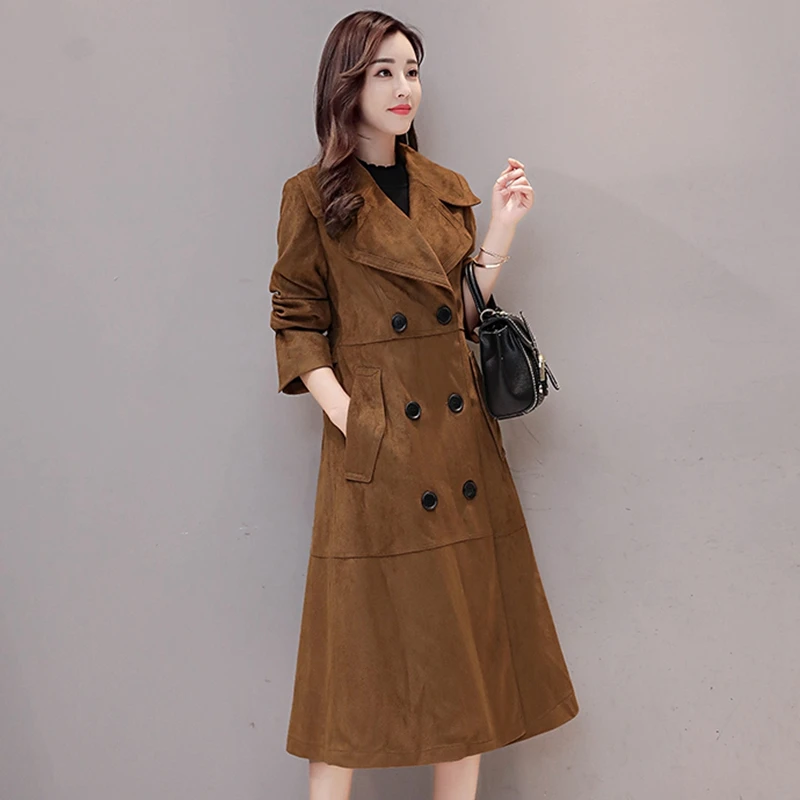 Осенняя и зимняя Длинная ветровка, женская мода, высокая талия, пальто большого размера, замшевая куртка, ODFVEBX
