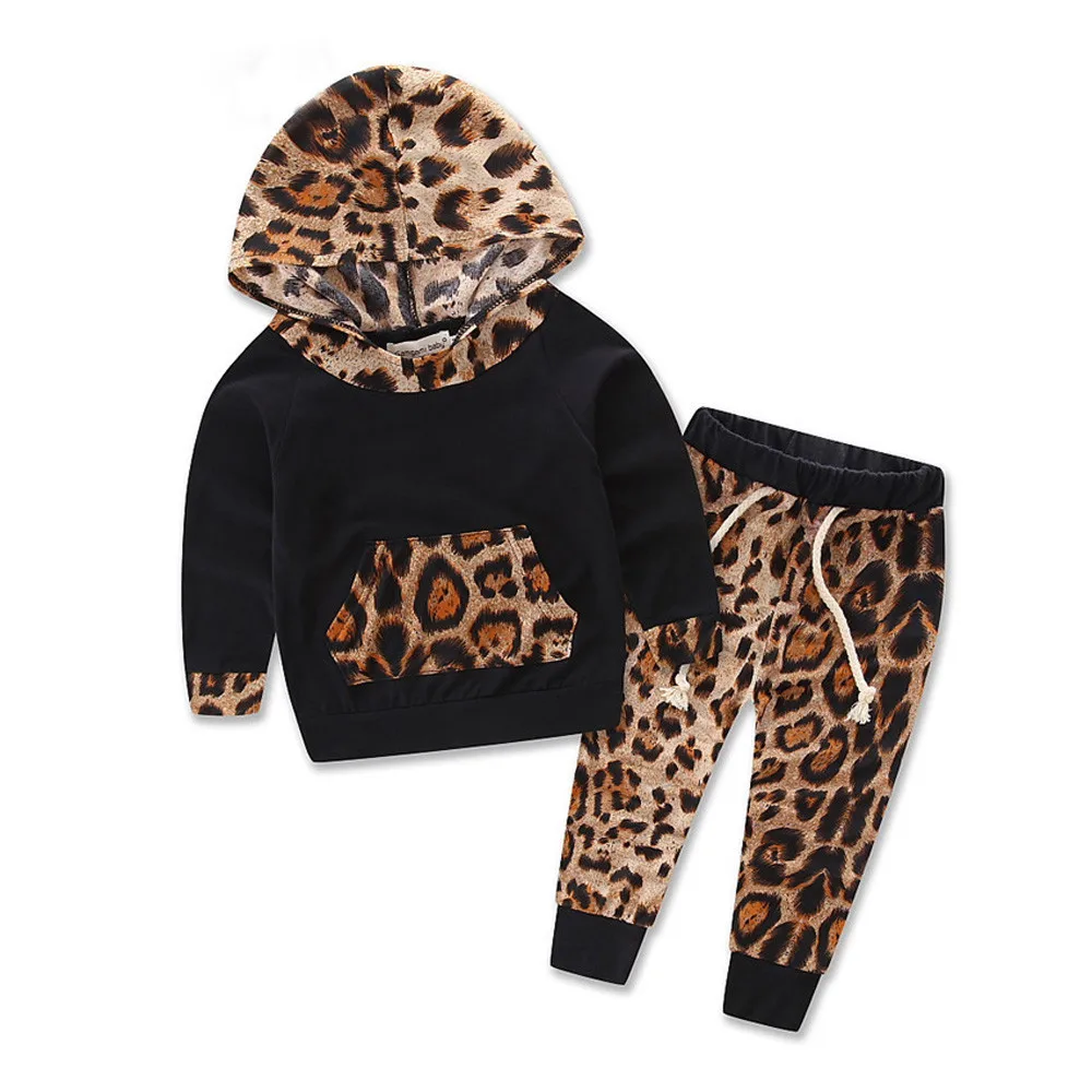 Children kids baby girl clothes set Long Sleeve Leopard Print Tracksuit Top+ Pants Outfits boutique clothing Set Tracksuit - Цвет: A