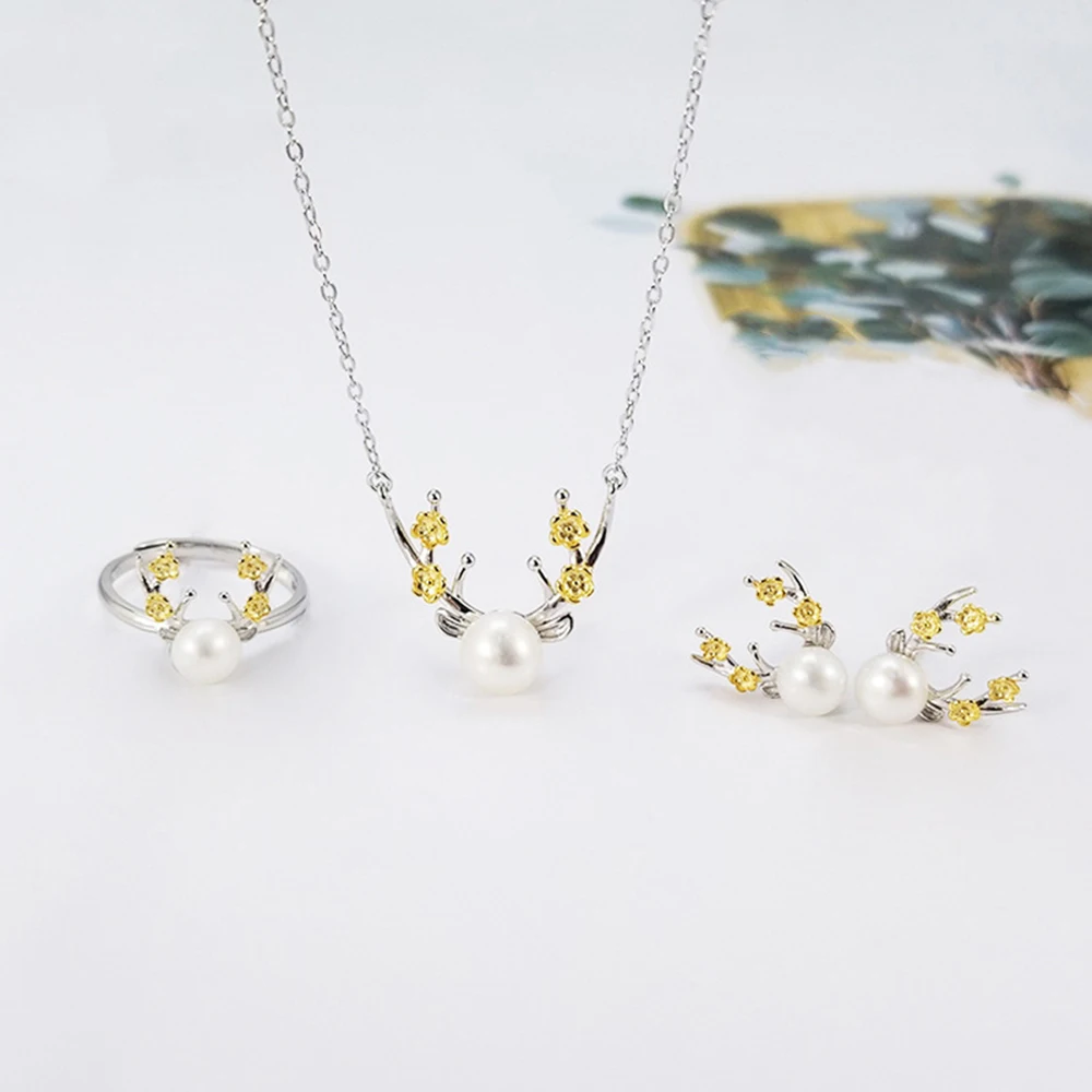 

S925 Silver Elk Pearl Jewelry Set Woman Oyster Pearl Jewelry Mounts Love Wish Pearl Jewelry Making Accessory Christmas Jewellery