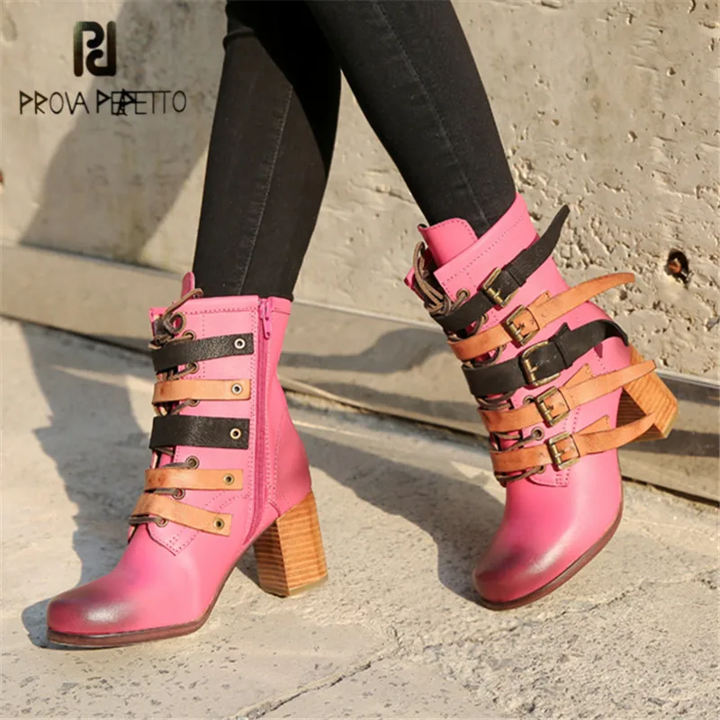 

Prova Perfetto Fashion Pink Women Genuine Leather Ankle Boots Autumn Winter High Heel Botas Mujer Platform Rubber Shoes Woman