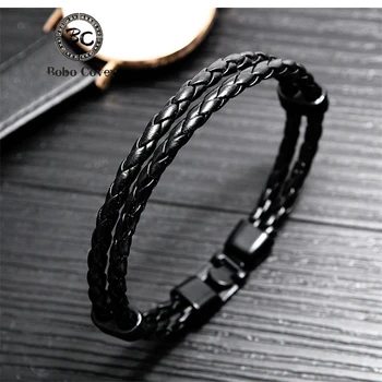 New Fashion Braided Leather  Charm Bracelet men women Black Multilayer Aolly Buckle