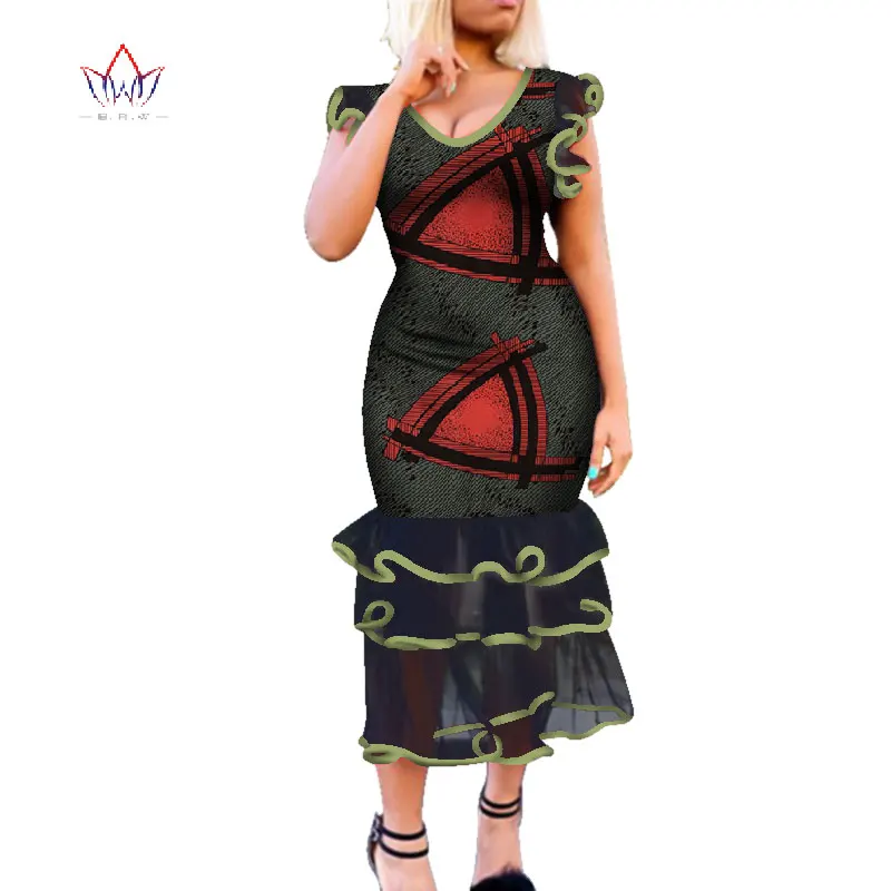 Базен Riche африканские платья для женщин Дашики Анкара принт с драпировкой и оборками кружевные платья Vestidos Женская африканская одежда WY4335