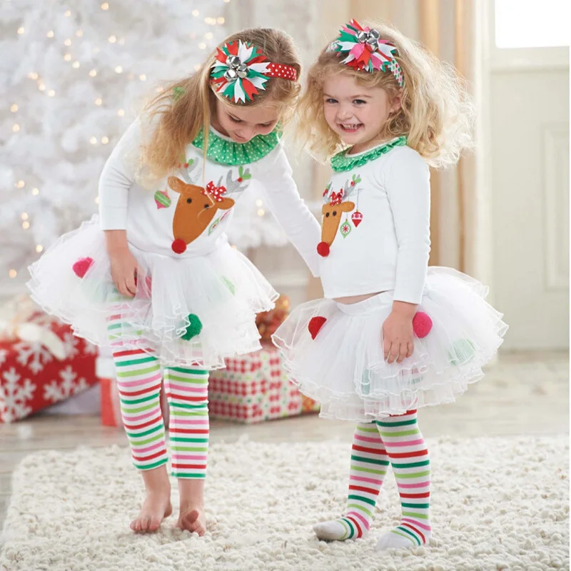 

Funfeliz Christmas Pajamas Autumn Winter Girls Pijamas set T-shirt TuTu skirt Baby Girl Pajama set Reindeer Kids Sleepwear