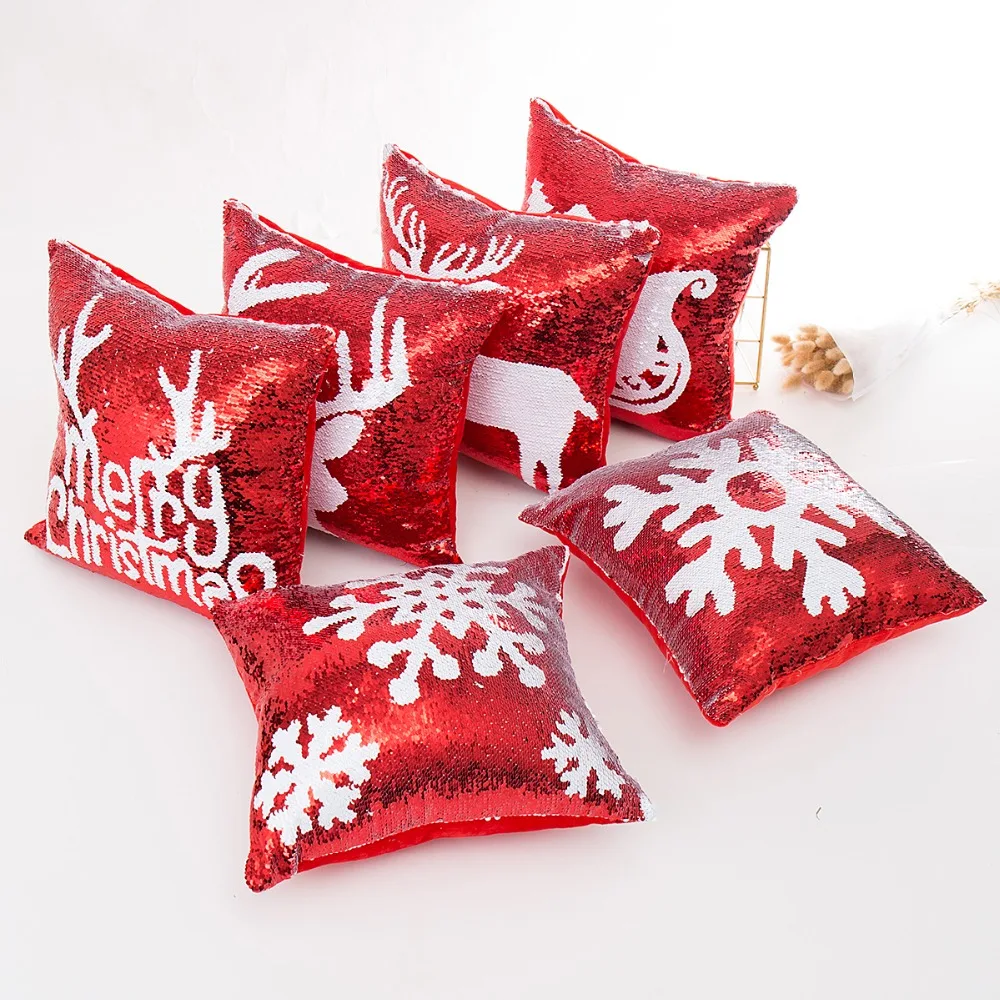 

16x16 inch Red Pillow Cover Mermaid Snowflake Deer Sequin Christmas Decorative Cushion Cover For Sofa Bed 40x40cm Zip Open