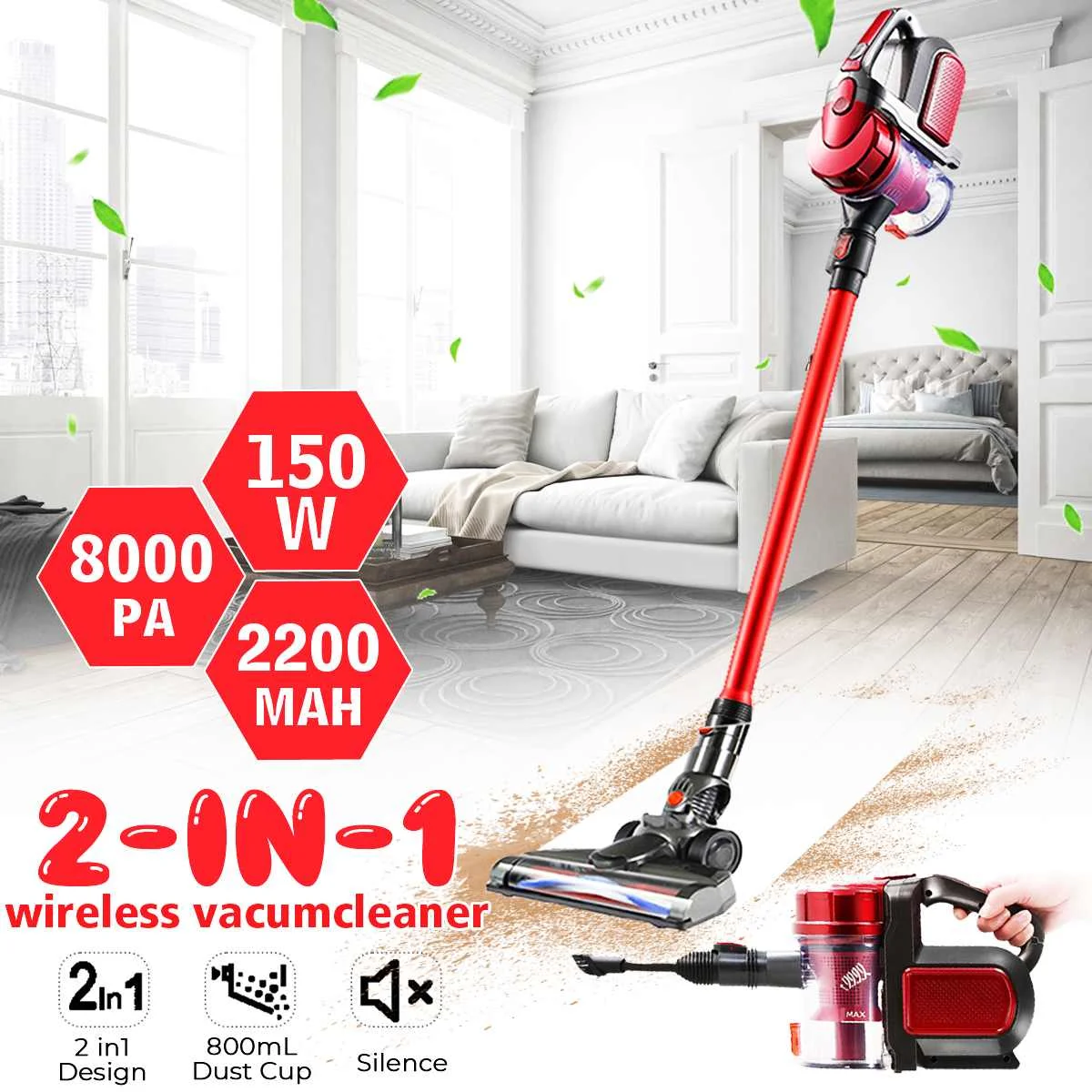 

Red Wireless Cleaner 2 Level Adjust Hand Vacuum Cleaner Cyclone Dust Collector 2200mAh Lithium Battery Cordless Vacuum Cleaner