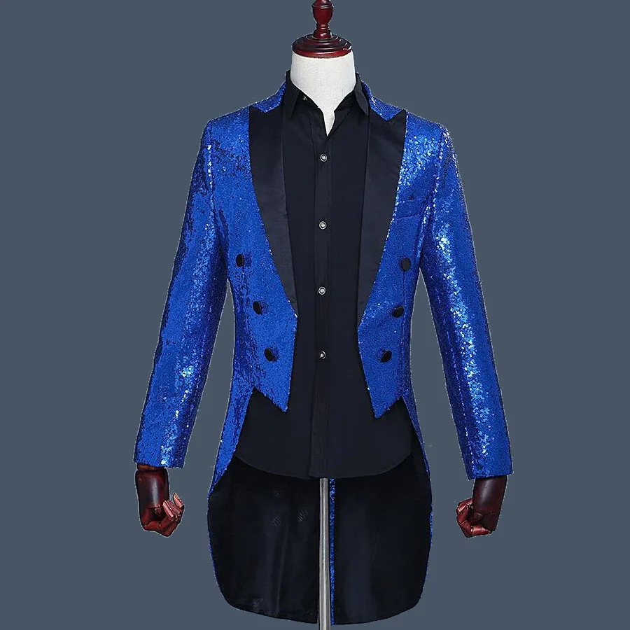Custom Royal Blue Tailcoat  Men's Classic Suit Sequin Male Blazer Jacket Men Suit Stage Show Performance Tuxedo Prom 2 Pieces