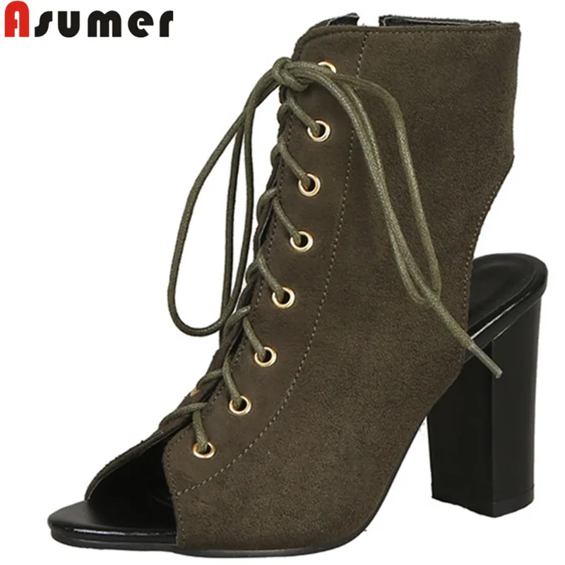 

ASUMER plus size 34-48 new summer boots zip lace up ladies prom shoes flock high heels shoes slingback ankle boots women 2019