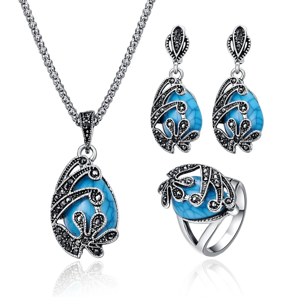 

Fashion Vintage Women Jewelry Sets Antique Natural Stone Flower Necklace Pendant Earrings Ring Alloy Crystal Jewelry Sets20%