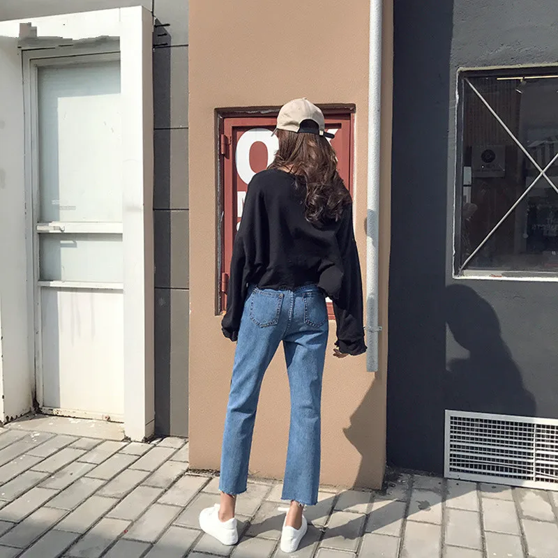 Jeans Women Ankle-length All-match Simple Pockets Student Patchwork High Waist Leisure Striped Retro Loose Straight Pants Womens