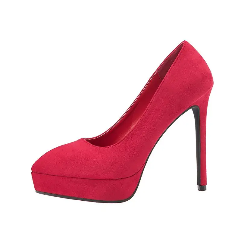 EOEODOIT супер высокие туфли на шпильках обувь на платформе Модные флокированные слипоны острый носок Лифт вечерние Клубные свадебные туфли 13 см - Цвет: Красный
