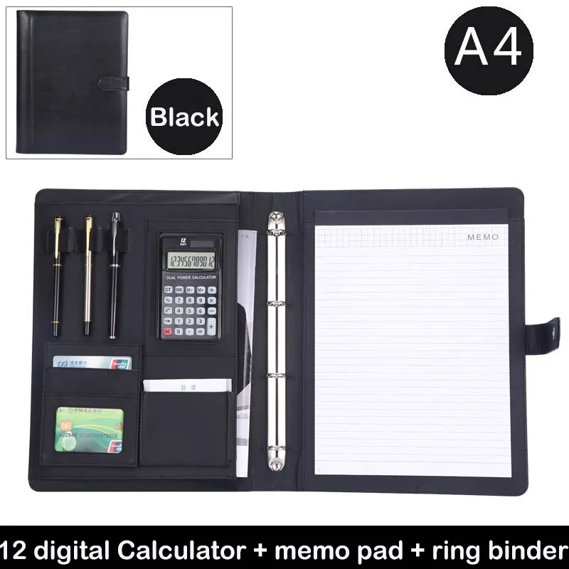 

A4 Black Business Faux Leather Notebook Multifunction Notepad Journal Gift Organizer With File Holder Calculator Magnet Lock