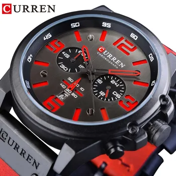 

CURREN Red Genuine Leather Belt 3 Dial Special Design Calendar Display Mens Quartz Military Sport Wrist Watches Top Brand Luxury