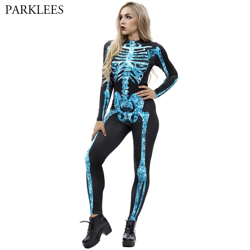 

Adult 3D Skeleton Halloween Cosplay Costumes Bodysuit Women Zipper Elastic Rompers Jumpsuits Tight Sexy Nightclubs Bodysuits XL