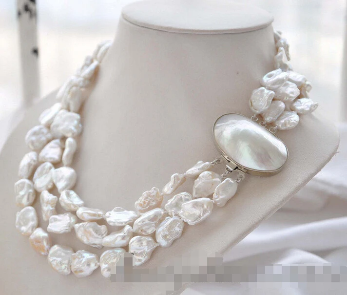 

Free shipping >>>>>z4959 3strands 19mm BAROQUE white KESHI REBORN PEARL NECKLACE mabe clasp