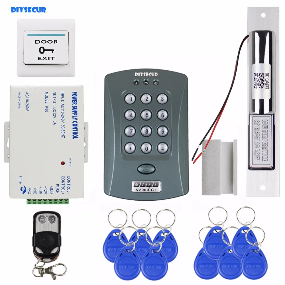 

DIYSECUR Remote Control 125KHz RFID Password Keypad Access Control System Security Kit + Electric Bolt Lock V2000-C