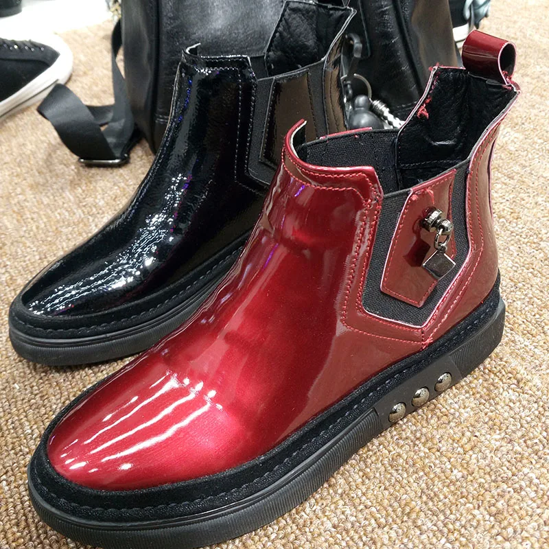 EXCARGO Ankle Short Tub Booes Woman Flat 2019 Spring New Shoes Casual Female Glossy PU Leather Martin Boots Comfortable Red 40