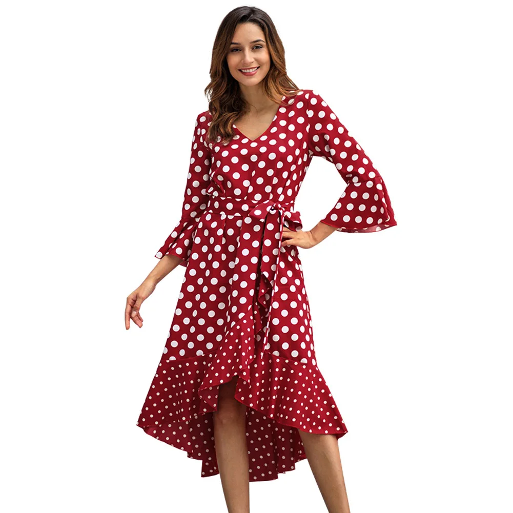 

polka dot dress Women's seven-point sleeves large size dress irregular ruffled belt V-neck chiffon dress Beach dress