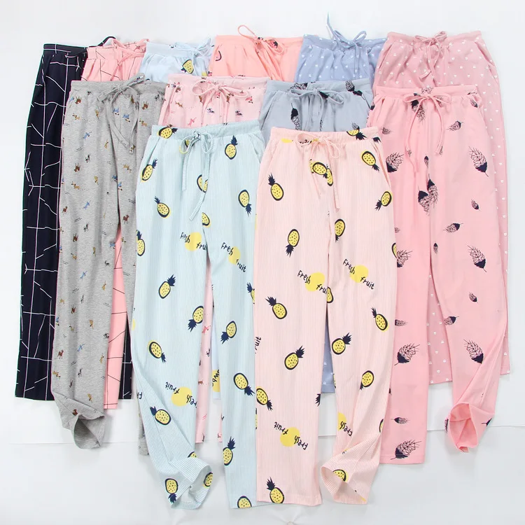 Comprar Pantalones de dormir de dibujos animados para mujer Pantalones de punto de algodón 100% para el hogar, pantalones de noche, cómodos pijamas delgados, parte inferior