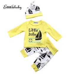 Комплект одежды для новорожденных из 3 предметов, футболка с длинными рукавами для парусного спорта Топы + длинные штаны, штаны, шапка