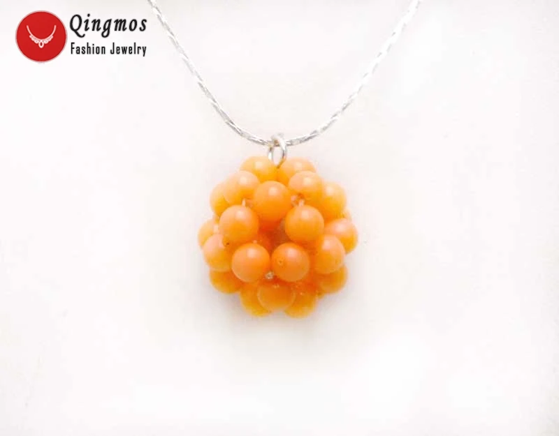 

Qingmos Pink Natural Coral Handwork Weaving 18-20mm Round Ball Pendant Necklace for Women & Silver Plated Chain Chokers 17''