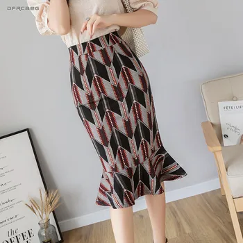

High Waist Print Knee Length Trumpet Skirts Woman 2019 Autumn Vintage Elegant Office Work Plus Size Mermaid Midi Skirts Female