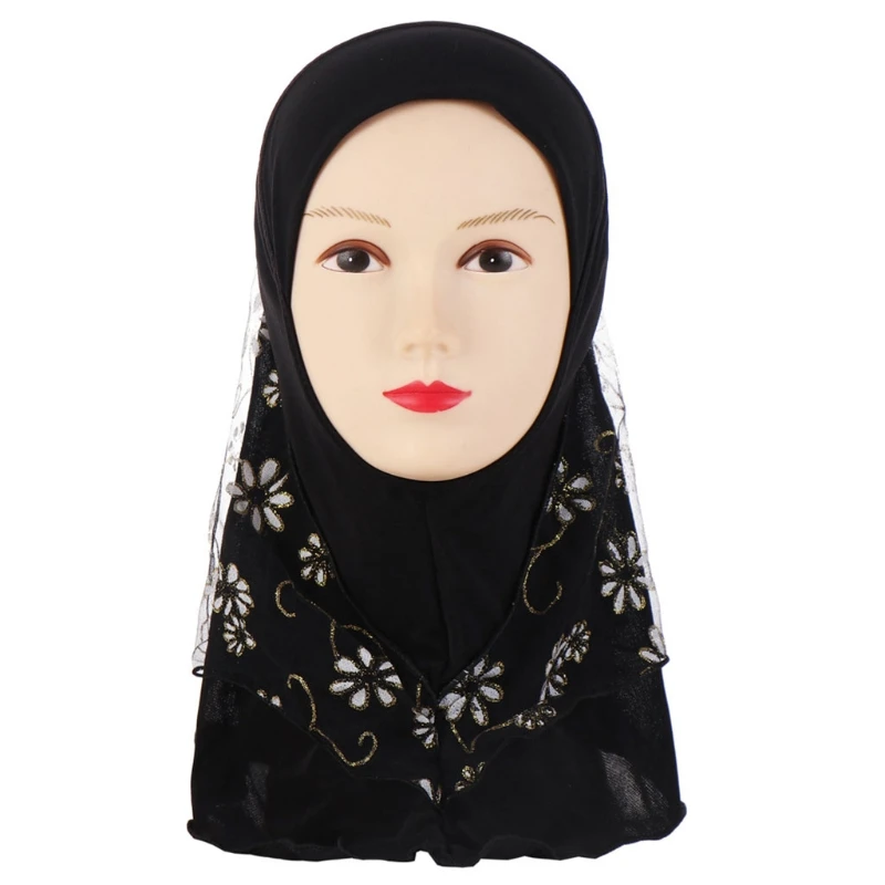 Детский мусульманский хиджаб для маленьких девочек с кружевным цветочным узором, исламский шарф, шали, растягивающиеся 56 см От 7 до 11 лет